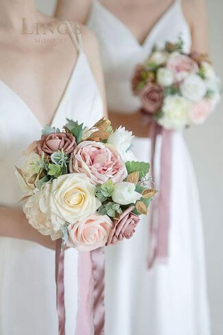Ling's Moment Artificial Flowers Pink Bridesmaid Bouquet Set of 4, Dusty Rose Wedding Flowers Bouquets for Bridesmaids, 7 Inch Bridal Bouquets for Bridesmaids, Wedding, Ceremony, Anniversary, etc in Saudi Arabia