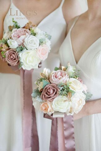 Ling's Moment Artificial Flowers Pink Bridesmaid Bouquet Set of 4, Dusty Rose Wedding Flowers Bouquets for Bridesmaids, 7 Inch Bridal Bouquets for Bridesmaids, Wedding, Ceremony, Anniversary, etc in Saudi Arabia