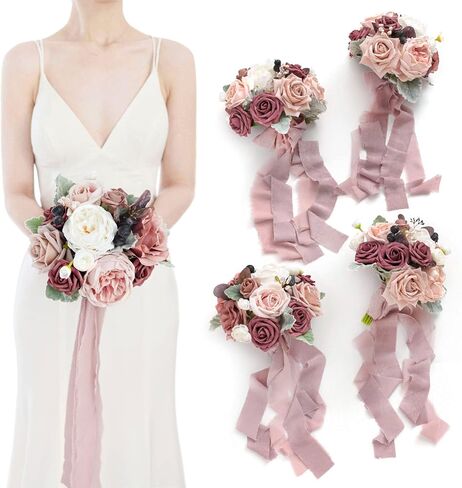 Ling's Moment Artificial Flowers Pink Bridesmaid Bouquet Set of 4, Dusty Rose Wedding Flowers Bouquets for Bridesmaids, 7 Inch Bridal Bouquets for Bridesmaids, Wedding, Ceremony, Anniversary, etc in Saudi Arabia