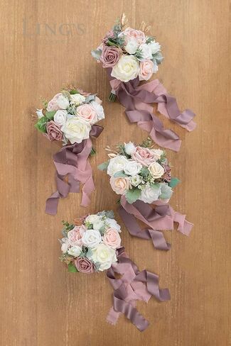 Ling's Moment Artificial Flowers Pink Bridesmaid Bouquet Set of 4, Dusty Rose Wedding Flowers Bouquets for Bridesmaids, 7 Inch Bridal Bouquets for Bridesmaids, Wedding, Ceremony, Anniversary, etc in Saudi Arabia