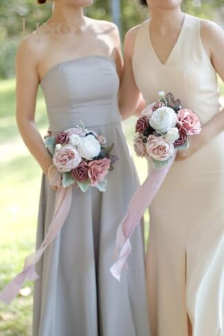 Ling's Moment Artificial Flowers Pink Bridesmaid Bouquet Set of 4, Dusty Rose Wedding Flowers Bouquets for Bridesmaids, 7 Inch Bridal Bouquets for Bridesmaids, Wedding, Ceremony, Anniversary, etc in Saudi Arabia