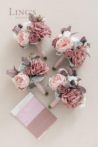 Ling's Moment Artificial Flowers Pink Bridesmaid Bouquet Set of 4, Dusty Rose Wedding Flowers Bouquets for Bridesmaids, 7 Inch Bridal Bouquets for Bridesmaids, Wedding, Ceremony, Anniversary, etc in Saudi Arabia