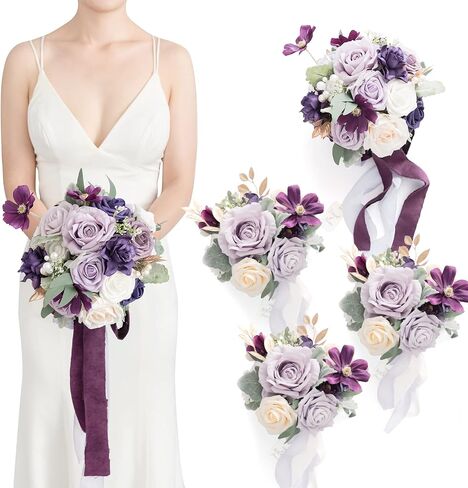 Ling's Moment Artificial Flowers Pink Bridesmaid Bouquet Set of 4, Dusty Rose Wedding Flowers Bouquets for Bridesmaids, 7 Inch Bridal Bouquets for Bridesmaids, Wedding, Ceremony, Anniversary, etc in Saudi Arabia