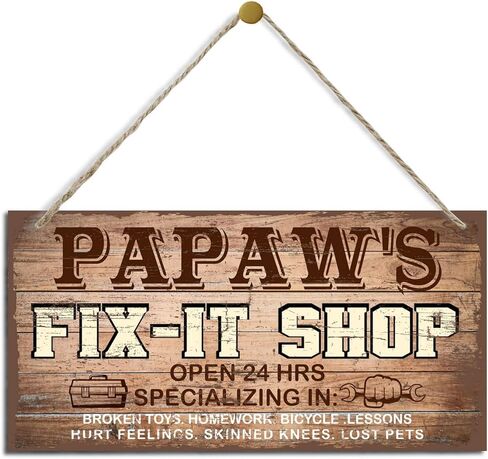 Hanging Vintage Style Papaw's Fix-It Shop Decor Sign, Fix-It Shop Sign, Open 24h Sign, Hanging Decorative Wood Plaque, Printed Wood Art Wall Decor, Papaw's Gift, Gift for Grandpa 12x6 in in Kuwait