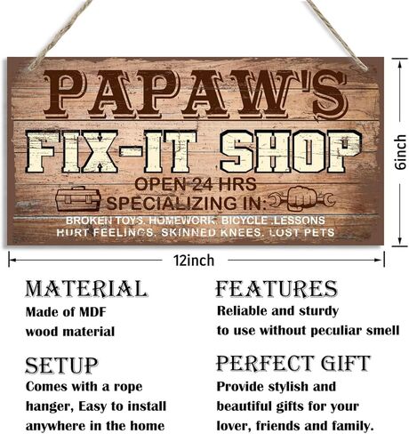 Hanging Vintage Style Papaw's Fix-It Shop Decor Sign, Fix-It Shop Sign, Open 24h Sign, Hanging Decorative Wood Plaque, Printed Wood Art Wall Decor, Papaw's Gift, Gift for Grandpa 12x6 in in Kuwait