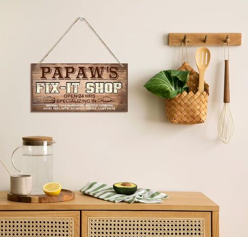 Hanging Vintage Style Papaw's Fix-It Shop Decor Sign, Fix-It Shop Sign, Open 24h Sign, Hanging Decorative Wood Plaque, Printed Wood Art Wall Decor, Papaw's Gift, Gift for Grandpa 12x6 in in Kuwait