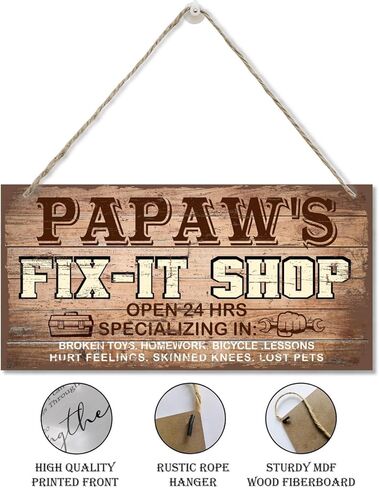 Hanging Vintage Style Papaw's Fix-It Shop Decor Sign, Fix-It Shop Sign, Open 24h Sign, Hanging Decorative Wood Plaque, Printed Wood Art Wall Decor, Papaw's Gift, Gift for Grandpa 12x6 in in Kuwait