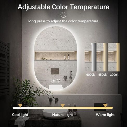 Niccy Oval LED Bathroom Vanity Mirror, 48x24inch Frameless Backlit Mirror with Light, Smart Anti-Fog Waterproof Mirror with Memory Function Dimmable Lighted Mirror in Kuwait