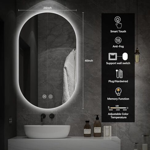 Niccy Oval LED Bathroom Vanity Mirror, 48x24inch Frameless Backlit Mirror with Light, Smart Anti-Fog Waterproof Mirror with Memory Function Dimmable Lighted Mirror in Kuwait