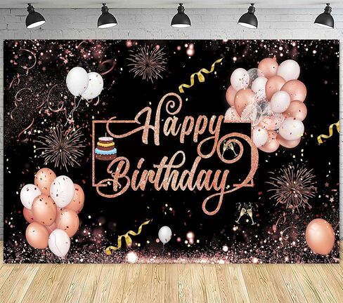ارتفع الذهب عيد ميلاد سعيد موضوع النسيج علامة ملصق راية خلفية مع الألعاب النارية، نجمة، بالونات، نمط الكعك لbrithday الصورة كشك خلفية حزب زينة اللوازم in Kuwait