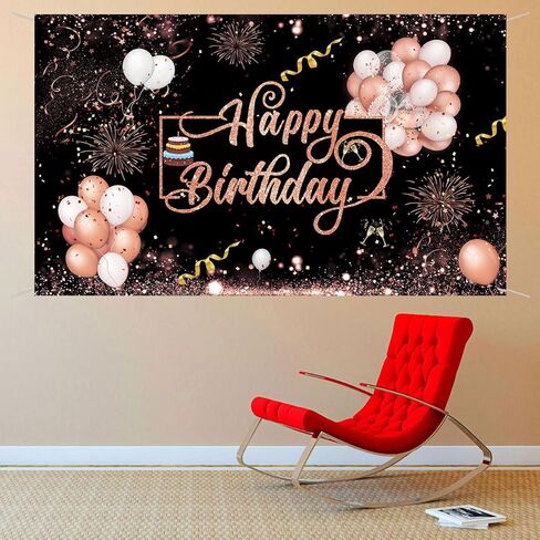 ارتفع الذهب عيد ميلاد سعيد موضوع النسيج علامة ملصق راية خلفية مع الألعاب النارية، نجمة، بالونات، نمط الكعك لbrithday الصورة كشك خلفية حزب زينة اللوازم in Kuwait