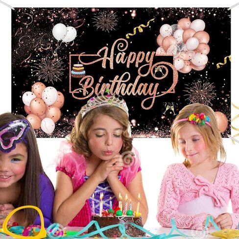ارتفع الذهب عيد ميلاد سعيد موضوع النسيج علامة ملصق راية خلفية مع الألعاب النارية، نجمة، بالونات، نمط الكعك لbrithday الصورة كشك خلفية حزب زينة اللوازم in Kuwait