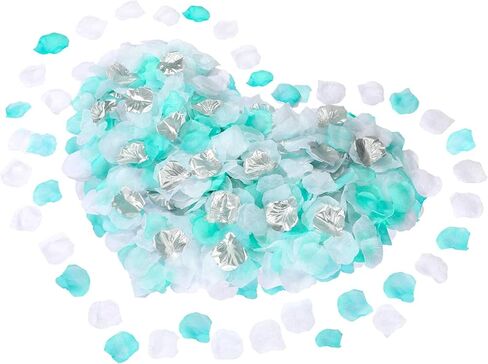 1800 Pieces Flower Petals for Weddings Flower Confetti Silk Rose Artificial Petals Turquoise Flower Petals for Baby Shower Centerpieces Flower Girl Decoration (Teal, White, Silver) in Kuwait