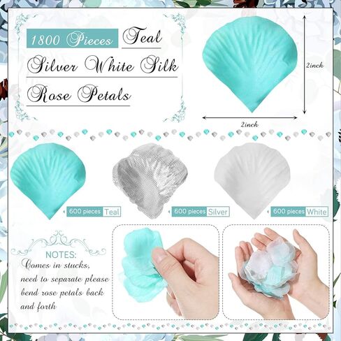 1800 Pieces Flower Petals for Weddings Flower Confetti Silk Rose Artificial Petals Turquoise Flower Petals for Baby Shower Centerpieces Flower Girl Decoration (Teal, White, Silver) in Kuwait