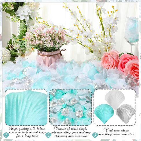 1800 Pieces Flower Petals for Weddings Flower Confetti Silk Rose Artificial Petals Turquoise Flower Petals for Baby Shower Centerpieces Flower Girl Decoration (Teal, White, Silver) in Kuwait