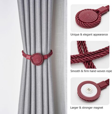 NICEEC 4 Pack Strong Magnetic Curtain Tiebacks Wooden Medal Shape Decorative Drape Tie Backs Natural Cotton Rope Hand-Woven Curtain Holdbacks for Home & Office Draperies Decor (Khaki) in Kuwait