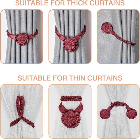 NICEEC 4 Pack Strong Magnetic Curtain Tiebacks Wooden Medal Shape Decorative Drape Tie Backs Natural Cotton Rope Hand-Woven Curtain Holdbacks for Home & Office Draperies Decor (Khaki) in Kuwait