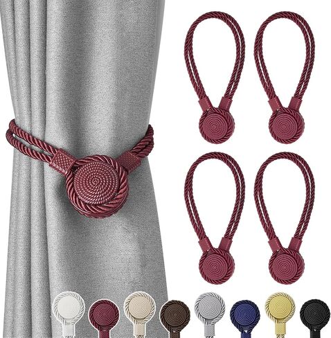NICEEC 4 Pack Strong Magnetic Curtain Tiebacks Wooden Medal Shape Decorative Drape Tie Backs Natural Cotton Rope Hand-Woven Curtain Holdbacks for Home & Office Draperies Decor (Khaki) in Kuwait