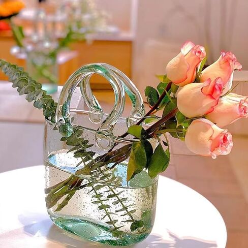 مزهرية حقيبة زجاجية AmaCielo، مزهريات زجاجية وعاء السمك، مزهرية زجاجية شفافة مصنوعة يدويًا على شكل حقيبة يد، مزهرية زجاجية بتصميم فريد مع فقاعات، لتنسيق الزهور، ديكور منزلي لحفلات الزفاف (أخضر فاتح) in Kuwait