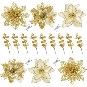 Sggvecsy 30 Pcs 3 Styles Christmas Glitter Poinsettia Flowers Artificial Berry Picks Christmas Tree Ornaments Artificial Christmas Flowers with Clips for Xmas Wedding Wreath Floral Decorations(Gold)