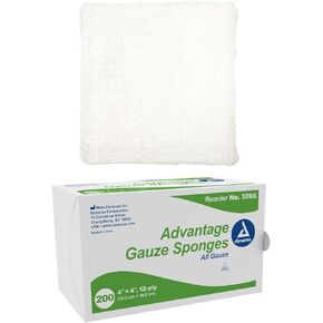إسفنجة شاش منسوجة من Dynarex Advantage مقاس 10.16 سم × 10.16 سم - وسادات شاش قطنية ماصة غير معقمة مكونة من 12 طبقة لتضميد الجروح - صندوق مكون من 200 قطعة
