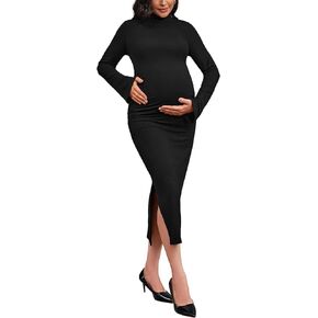 Bhome فستان ضيق للحوامل بياقة مدورة فستان حمل لاستحمام الطفل لالتقاط الصور الفوتوغرافية بأكمام جرس وفتحة جانبية فستان الحمل in Kuwait