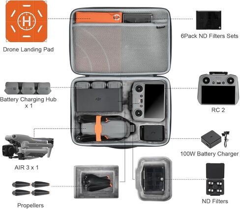 يتيث شنطة حمل لجهاز دي جيه اي اير 3، شنطة كتف محمولة للسفر من جلد البولي يوريثين لطائرات درون دي جيه اي اير 3 فلاي مور كومبو مع وحدة تحكم دي جيه اي ار سي 2 وملحقات اخرى (رمادي) in Kuwait