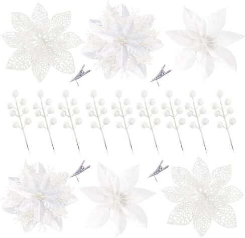 Sggvecsy 30 Pcs 3 Styles Christmas Glitter Poinsettia Flowers Artificial Berry Picks Christmas Tree Ornaments Artificial Christmas Flowers with Clips for Xmas Wedding Wreath Floral Decorations(Gold) in Saudi Arabia