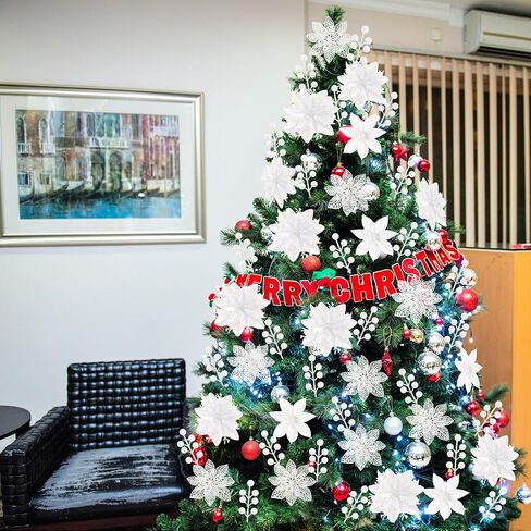 Sggvecsy 30 Pcs 3 Styles Christmas Glitter Poinsettia Flowers Artificial Berry Picks Christmas Tree Ornaments Artificial Christmas Flowers with Clips for Xmas Wedding Wreath Floral Decorations(Gold) in Saudi Arabia