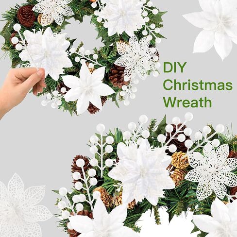 Sggvecsy 30 Pcs 3 Styles Christmas Glitter Poinsettia Flowers Artificial Berry Picks Christmas Tree Ornaments Artificial Christmas Flowers with Clips for Xmas Wedding Wreath Floral Decorations(Gold) in Saudi Arabia