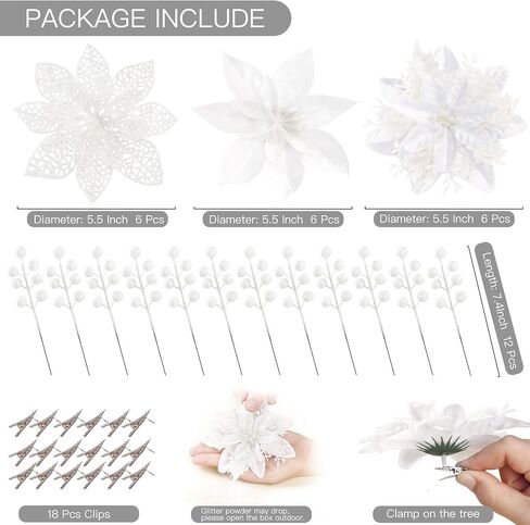 Sggvecsy 30 Pcs 3 Styles Christmas Glitter Poinsettia Flowers Artificial Berry Picks Christmas Tree Ornaments Artificial Christmas Flowers with Clips for Xmas Wedding Wreath Floral Decorations(Gold) in Saudi Arabia