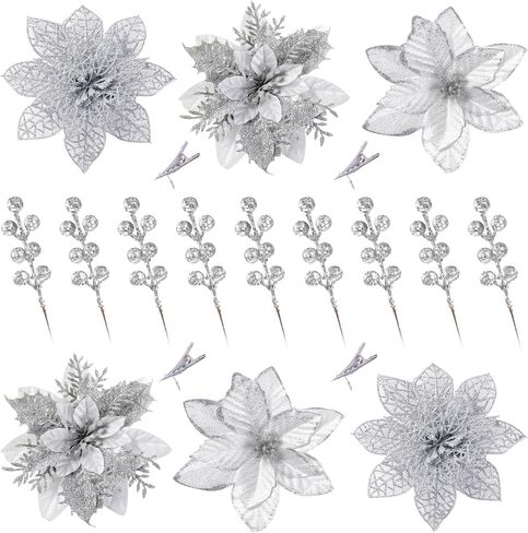 Sggvecsy 30 Pcs 3 Styles Christmas Glitter Poinsettia Flowers Artificial Berry Picks Christmas Tree Ornaments Artificial Christmas Flowers with Clips for Xmas Wedding Wreath Floral Decorations(Gold) in Saudi Arabia