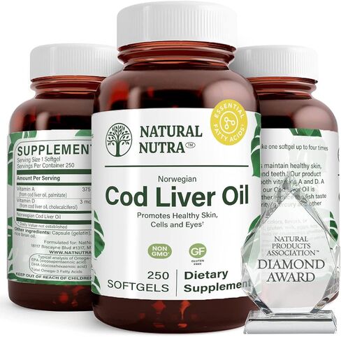 Natural Nutra Norwegian Cod Liver Oil Supplement, Helps to Maintain Skin, Body Density, Eye Health, Promotes Dental Health, Supports Cardiovascular Health, 100 Softgels in Saudi Arabia