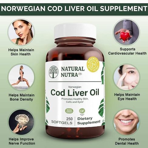 Natural Nutra Norwegian Cod Liver Oil Supplement, Helps to Maintain Skin, Body Density, Eye Health, Promotes Dental Health, Supports Cardiovascular Health, 100 Softgels in Saudi Arabia