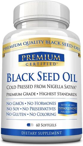 Premium Certified Black Seed Oil - Extra Strength Cold Pressed Nigella Sativa, Non-GMO - 2% Thymoquinone - 60 Softgels - Immune, Respiratory, and Cardiovascular Health in Kuwait
