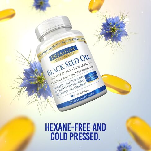 Premium Certified Black Seed Oil - Extra Strength Cold Pressed Nigella Sativa, Non-GMO - 2% Thymoquinone - 60 Softgels - Immune, Respiratory, and Cardiovascular Health in Kuwait