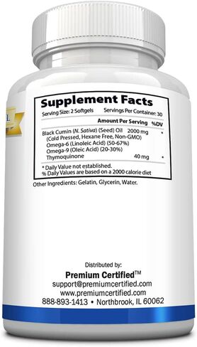 Premium Certified Black Seed Oil - Extra Strength Cold Pressed Nigella Sativa, Non-GMO - 2% Thymoquinone - 60 Softgels - Immune, Respiratory, and Cardiovascular Health in Kuwait