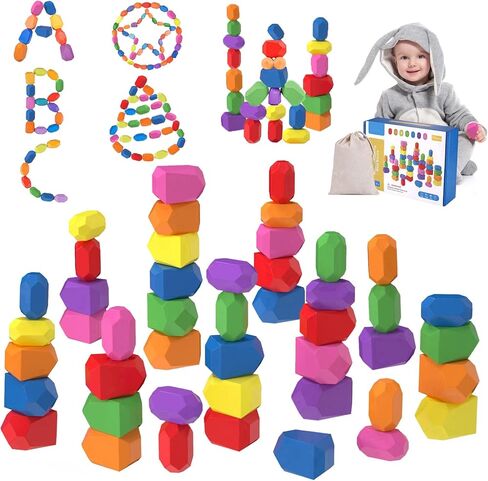 DHinkyoung 52 Pcs Wooden Stacking Rocks Building Stones,Colorful Sorting Blocks Toys for Different Ages Boys & Girls,Preschool Learning Building Blocks Sensory Montessori Toys for Kids Birthday Gifts in Kuwait