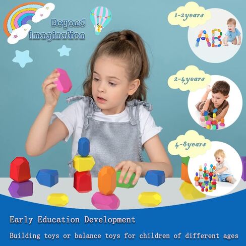 DHinkyoung 52 Pcs Wooden Stacking Rocks Building Stones,Colorful Sorting Blocks Toys for Different Ages Boys & Girls,Preschool Learning Building Blocks Sensory Montessori Toys for Kids Birthday Gifts in Kuwait