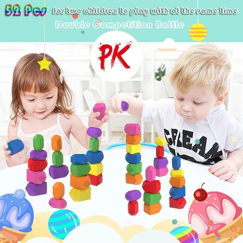 DHinkyoung 52 Pcs Wooden Stacking Rocks Building Stones,Colorful Sorting Blocks Toys for Different Ages Boys & Girls,Preschool Learning Building Blocks Sensory Montessori Toys for Kids Birthday Gifts in Kuwait