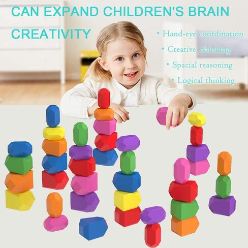 DHinkyoung 52 Pcs Wooden Stacking Rocks Building Stones,Colorful Sorting Blocks Toys for Different Ages Boys & Girls,Preschool Learning Building Blocks Sensory Montessori Toys for Kids Birthday Gifts in Kuwait