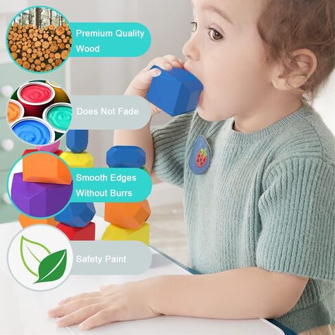 DHinkyoung 52 Pcs Wooden Stacking Rocks Building Stones,Colorful Sorting Blocks Toys for Different Ages Boys & Girls,Preschool Learning Building Blocks Sensory Montessori Toys for Kids Birthday Gifts in Kuwait