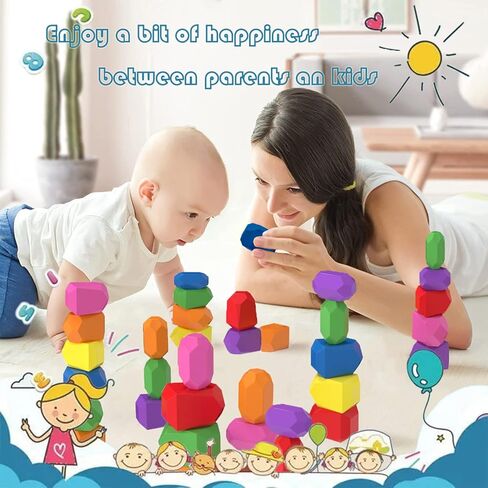 DHinkyoung 52 Pcs Wooden Stacking Rocks Building Stones,Colorful Sorting Blocks Toys for Different Ages Boys & Girls,Preschool Learning Building Blocks Sensory Montessori Toys for Kids Birthday Gifts in Kuwait
