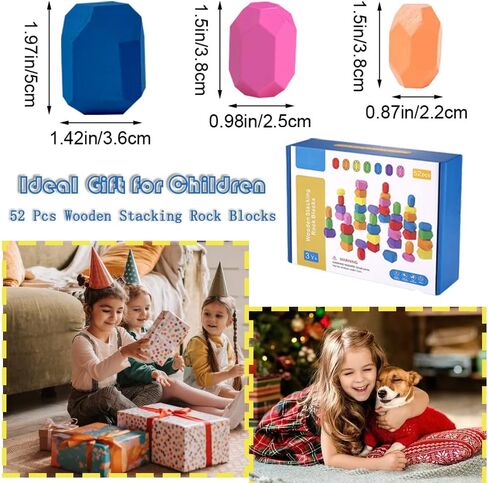DHinkyoung 52 Pcs Wooden Stacking Rocks Building Stones,Colorful Sorting Blocks Toys for Different Ages Boys & Girls,Preschool Learning Building Blocks Sensory Montessori Toys for Kids Birthday Gifts in Kuwait