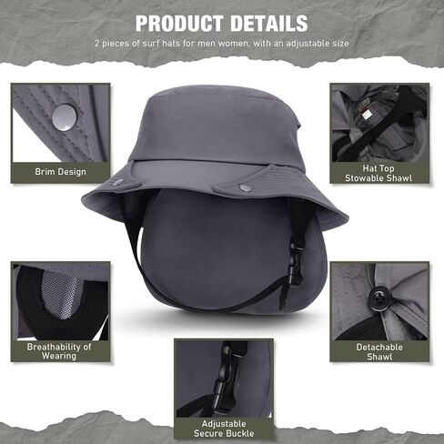 قطعتان من قبعات ركوب الأمواج للرجال والنساء مع اشرطة للذقن، قبعات شمس للمشي لمسافات طويلة وركوب الامواج والتخييم وركوب القوارب والرياضات المائية، اسود، مقاس واحد, أسود, مقاس واحد in Kuwait