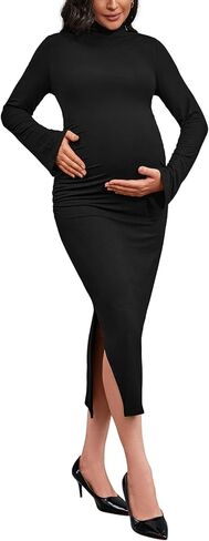 Bhome فستان ضيق للحوامل بياقة مدورة فستان حمل لاستحمام الطفل لالتقاط الصور الفوتوغرافية بأكمام جرس وفتحة جانبية فستان الحمل in Kuwait