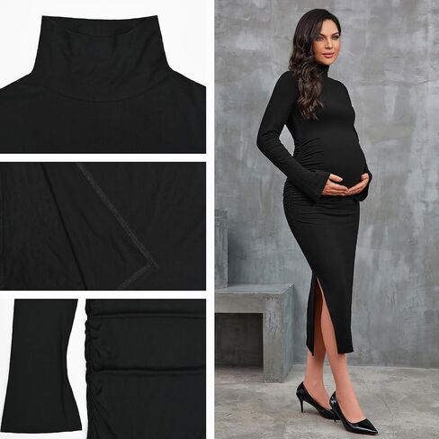 Bhome فستان ضيق للحوامل بياقة مدورة فستان حمل لاستحمام الطفل لالتقاط الصور الفوتوغرافية بأكمام جرس وفتحة جانبية فستان الحمل in Kuwait