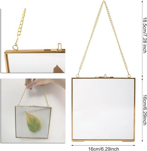 إطارات زهور مربعة مضغوطة عالية الجودة، إطار ذهبي عائم معلق مع سلسلة للضغط على صورة عمل فني لعينة النبات، ديكور حائط DIY (6.3 × 6.3 بوصة) in Kuwait