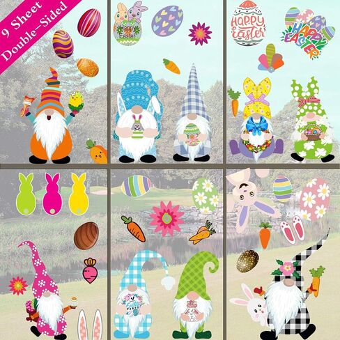 Easter Window Clings Gnome Window Stickers for Glass Decorations Elf Window Decals with Colorful Gnome Bunny Eggs Flowers Design for Easter Kids Party Decorations 9 Sheets in Kuwait