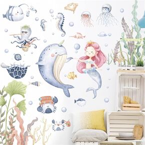 WAFT YEARN Mermaid Wall Decals Girl's Room Wall Stickers Mermaid Wall Decor for Nursery Kid'sroom Girl'sroom School Classroom Livingroom Bedroom Decoration Murals (Seabed Mermaid)
